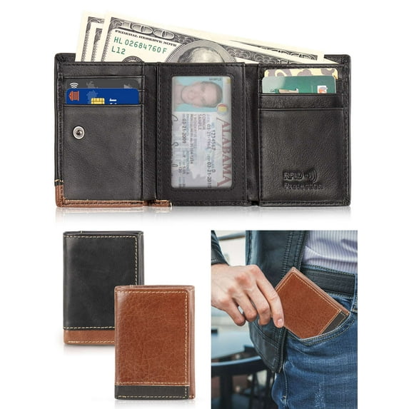 Spencer Leather Slim Trifold Wallets For Men - Mens Wallet RFID Blocking Purse with ID Window, 9 Card Slots, Black