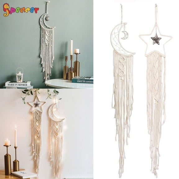 Spencer Macrame Handmade Woven Wall Hanging Moon Dream Catcher Tapestry Boho Chic Home Decoration with String Lights for Kids Room Wedding Ornament "Beige"