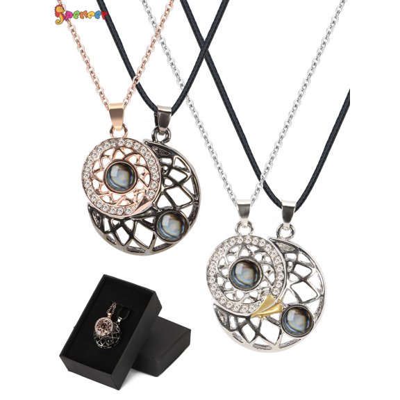 Spencer Magnetic Couple Necklace for Him and Her, I Love You 100 Languages Sun and Moon Projection Matching Necklaces for Couples(Silver)