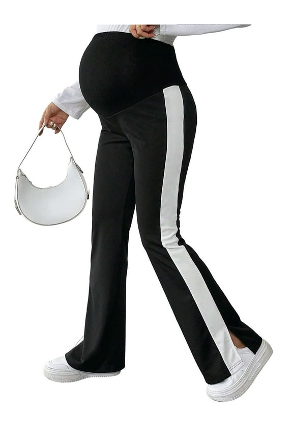 Maternity Pants Over The Belly Flare Leggings Stretchy Casual Lounge Pregnancy Dress Pants Side Slit Trousers, Black