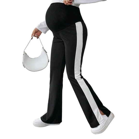 Spencer Maternity Pants Over The Belly Flare Leggings Stretchy Casual Lounge Pregnancy Dress Pants Side Slit Trousers, Black