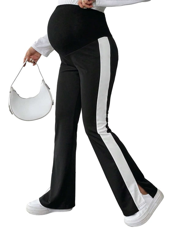 Maternity Pants Over The Belly Flare Leggings Stretchy Casual Lounge Pregnancy Dress Pants Side Slit Trousers, Black