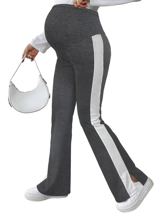 Maternity Pants Over The Belly Flare Leggings Stretchy Casual Lounge Pregnancy Dress Pants Side Slit Trousers, Gray