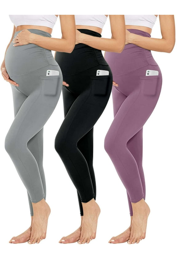 Maternity Women's Leggings with Pockets over the Belly Butt Lift Pregnancy Yoga Pants Activewear Workout Pants (2XL,Black)