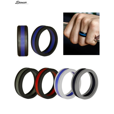Spencer Men Women Two-tone Silicone Wedding Rings, 5 Pack Classic Striped Rubber Bands Ring Design for Sportsmen, Workers - Size 7