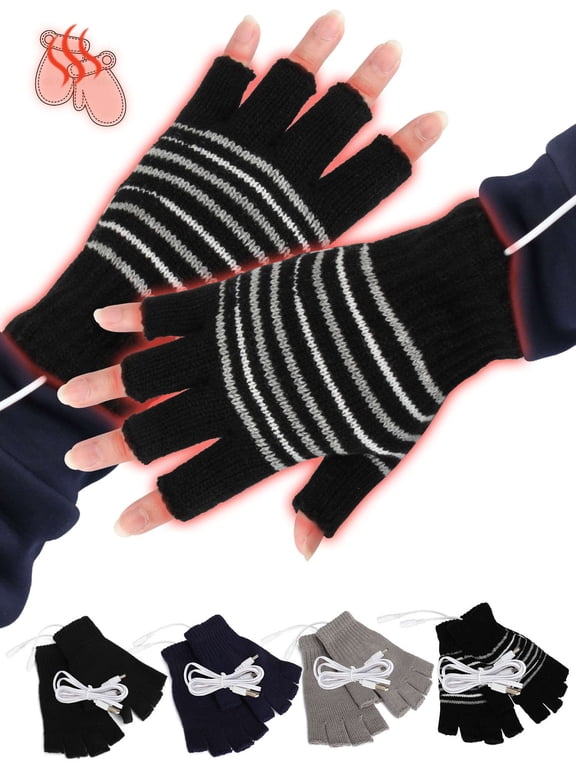Men Women USB Heated Gloves, Knitting Wool Electric Heating Gloves Mitten Hands Warmer Winter Fingerless Laptop Gloves Washable