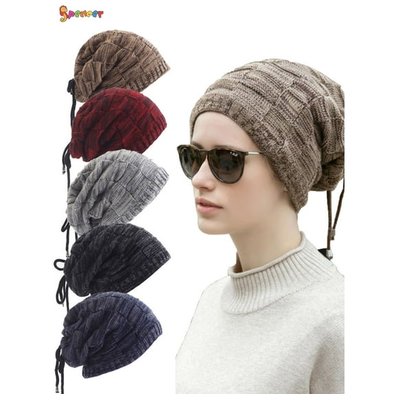 Spencer Men Women Winter Ponytail Messy Bun Beanie Tail Hat Fleece Lined Thick Soft Warm Chunky Cable Knit Beanie Hat with Drawstring "Gray"