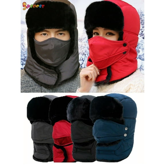 Spencer Men Women Winter Trapper Trooper Hat, Faux Fur Ear Flaps Ski Hat Ushanka Hunting Hat with Windproof Mask for Outdoor Skiing Sport "Red"