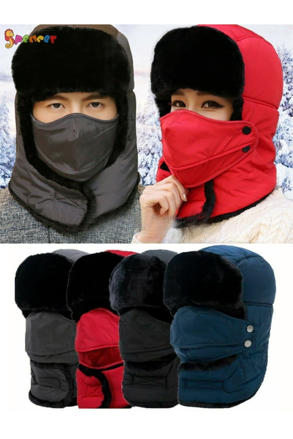 Men Women Winter Trapper Trooper Hat, Faux Fur Ear Flaps Ski Hat Ushanka Hunting Hat with Windproof Mask for Outdoor Skiing Sport "Red"