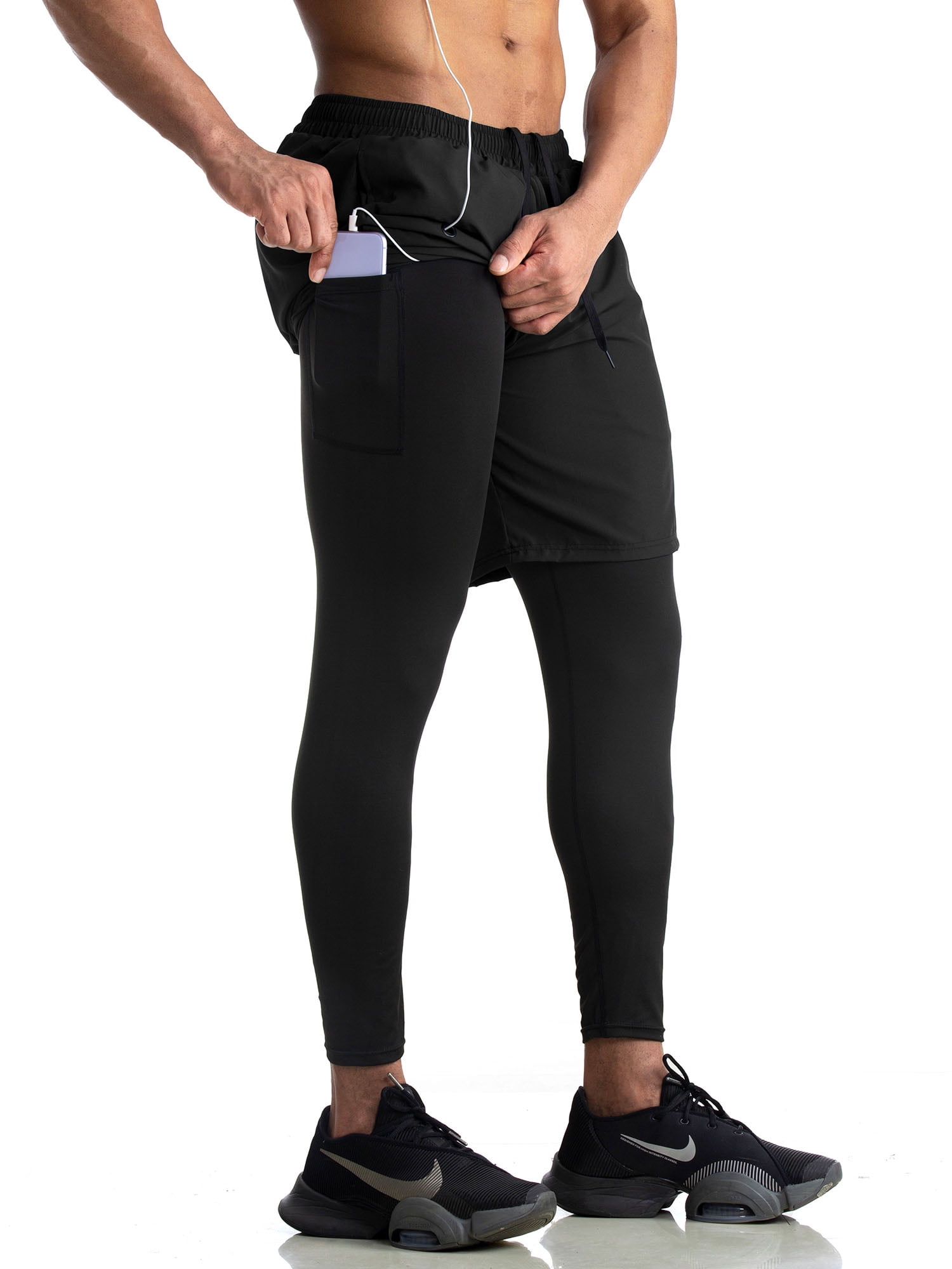 Spencer Men's 2 in 1 Running Pants Quick Dry Compression Tights Pants Gym  Athletic Workout Legging with Phone Pocket, Black 