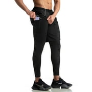 Spencer Men's 2 in 1 Running Pants Quick Dry Compression Tights Pants Gym Athletic Workout Legging with Phone Pocket, Black