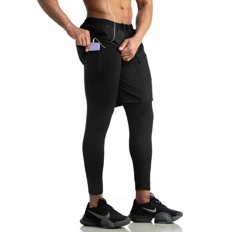 Spencer Men's 2 in 1 Running Pants Quick Dry Compression Tights Pants Gym  Athletic Workout Legging with Phone Pocket, Black 