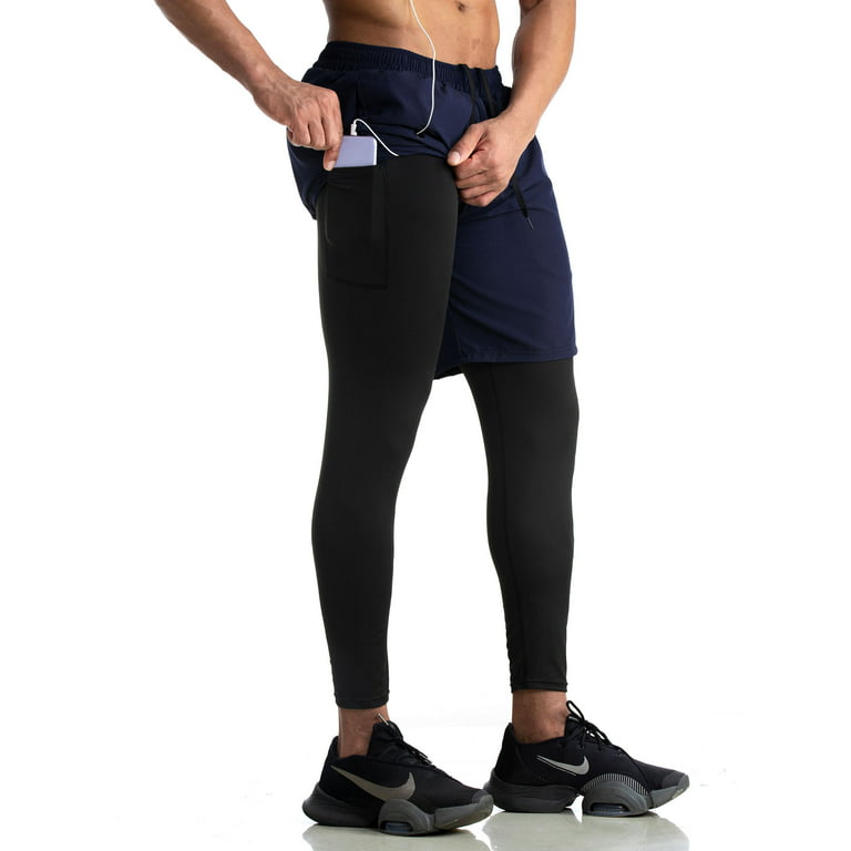 Spencer Men's 2 in 1 Running Pants Quick Dry Compression Tights Pants Gym  Athletic Workout Legging with Phone Pocket, Navy 