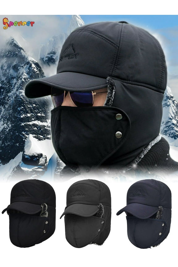 Men's 2 in 1 Winter Russian Aviator Hat Trooper Ear Flap Snow Ski Elmer Fudd Mask Hood Cap "Navy Blue"