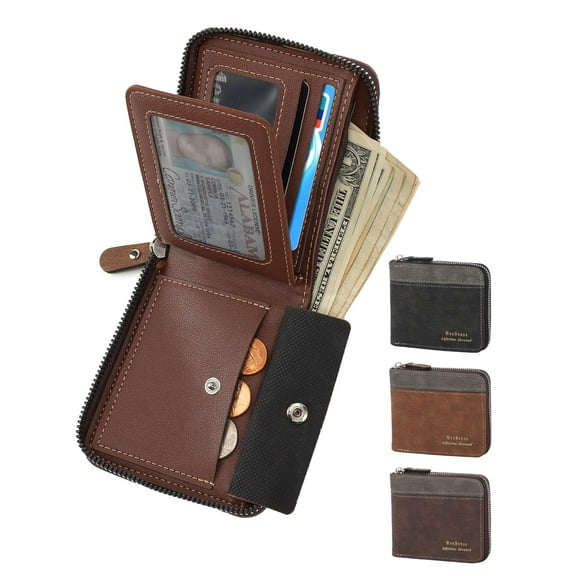 Spencer Men's Leather Bifold Wallet, Waterproof RFID Blocking Wallets Zipper Purse with Credit Card Holder ID Window, Black