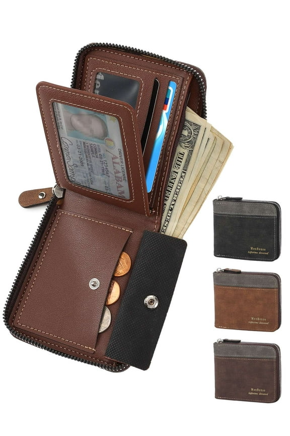 Men's Leather Bifold Wallet, Waterproof RFID Blocking Wallets Zipper Purse with Credit Card Holder ID Window, Black