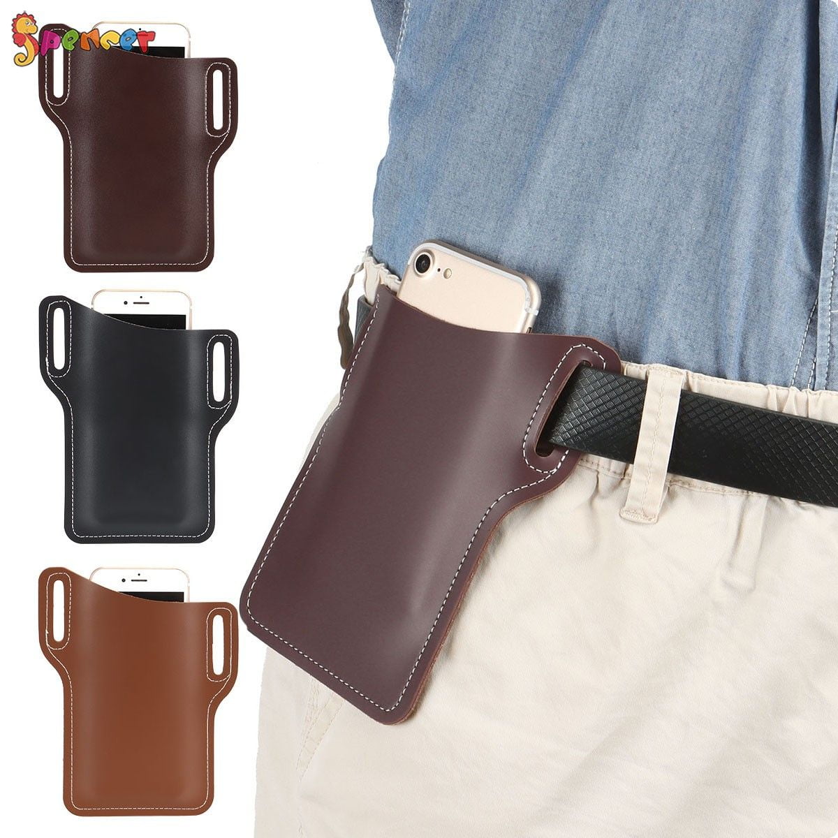 Spencer Men s Leather Cell Phone Holster Universal Case Waist Bag Sheath with Belt Loop 6.6 5.3 0.14