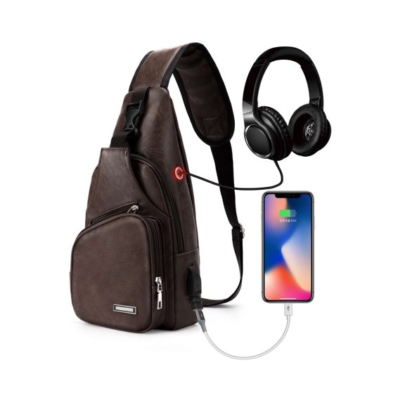 Spencer Men's Leather Sling Bag Anti Theft Chest Shoulder Bag Water Resistant Crossbody Backpack Unbalance Daypack with USB Charging Port for Travel Hiking (13.8" x 6.7" x 2.4",Dark Brown)