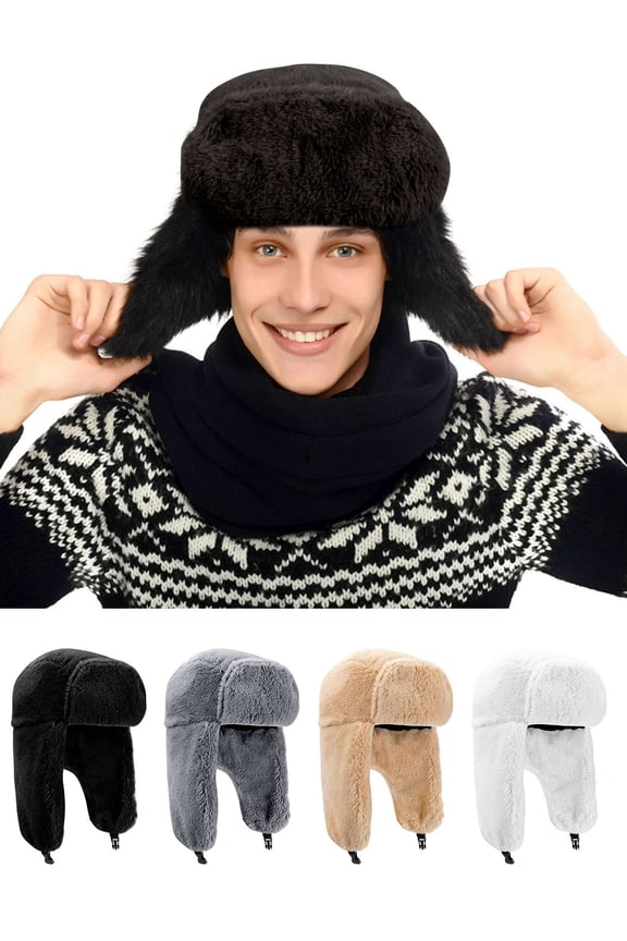 Men's Trooper Trapper Hat Warm Winter Hats Womens Russian Hat Earflaps Faux Fur Hunting Outdoor Hat, Black