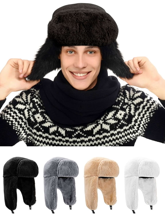Men's Trooper Trapper Hat Warm Winter Hats Womens Russian Hat Earflaps Faux Fur Hunting Outdoor Hat, Gray