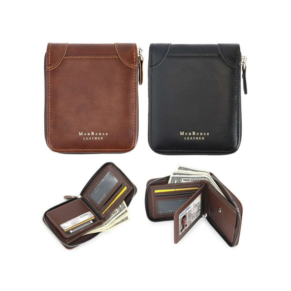 Spencer Mens Leather Wallet Bifold Wallet Credit Card ID Holder Zipper Purse with ID Window Holiday Gifts for Men, Black