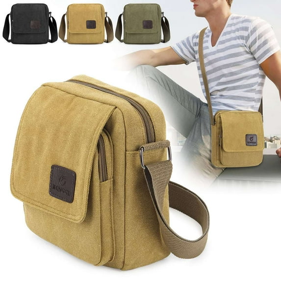 Spencer Mens Shoulder Sling Bags Canvas Crossbody Bag Vintage Messenger Business School Satchel Multi Zipper Pockets Bag (Khaki)