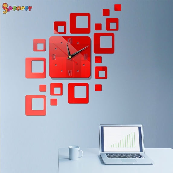 Spencer Modern DIY 3D Frameless Large Wall Clock Combination Mirror Surface Sticker Art Design Home Decor "Red"