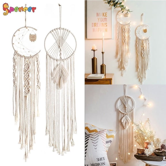 Spencer Moon Owl Dream Catcher Boho Tapestry Macrame Wall Hanging Wall Decor with String Lights Tapestry Rope Art Room Decoration