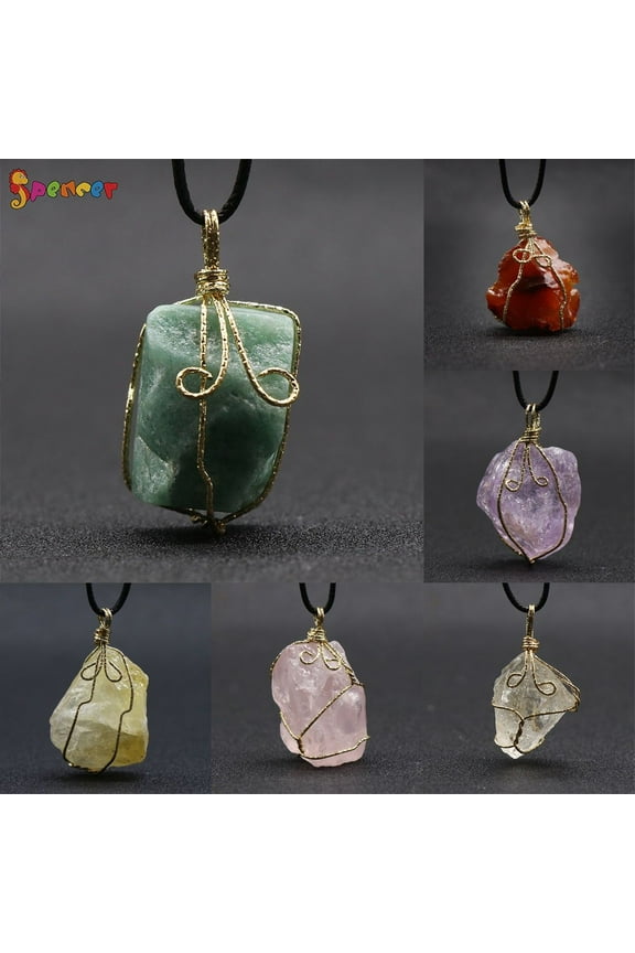 Natural Raw Amethyst Stone Pendant Necklace Wire Wrapped Healing Irregular Quartz Stone Pendant Crystal Gemstone Necklace Jewelry