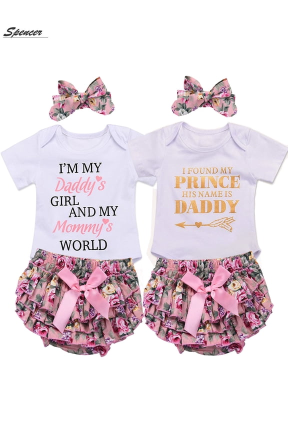 Newborn Baby Girl Letter Tops Romper Jumpsuit and Printed Pants with Headband Bodysuit Outfit Clothes Set White & Pink, (#B,100cm)