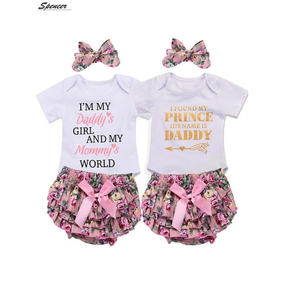 Spencer Newborn Baby Girl Letter Tops Romper Jumpsuit and Printed Pants with Headband Bodysuit Outfit Clothes Set White & Pink, (#B,90cm)
