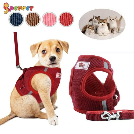 Spencer No Pull Dog Harness Vest and Leash Set Adjustable Reflective Soft Mesh Corduroy Padded for Small Dogs Cats Outdoor Walking Travel "Red,XS"