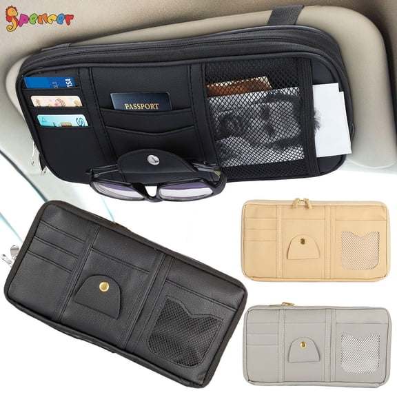 Spencer PU Car Sun Visor Organizer Auto Interior Pouch Bag Pocket Card Storage Holder Case Bag for License Registration Pen Mobile Phone Bill Note Key "Beige"