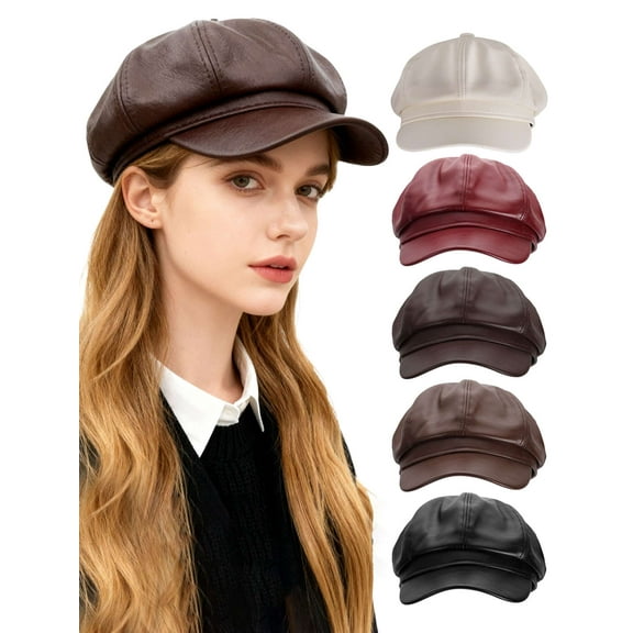 Spencer PU Newsboy Hats for Women, Women Newsboy Hats Retro Solid Color Pageboy Cabbie Cap Beret Cap, Red