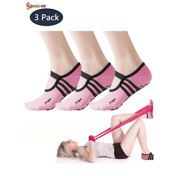 Spencer Pack of 3 Non-Slip Yoga Sock for Women, Anti-Skid Pilates Barre Socks with Grips & Straps for Ballet, Dance, Barefoot Workout, Fitness