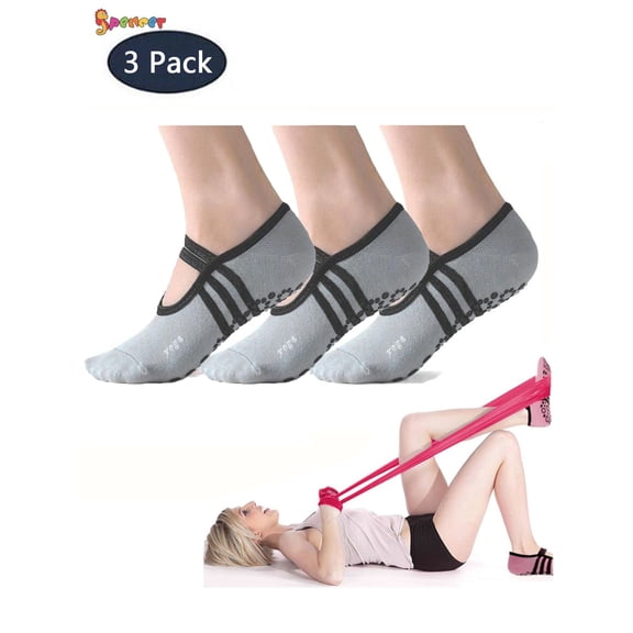 Spencer Pack of 3 Non-Slip Yoga Sock for Women, Anti-Skid Pilates Barre Socks with Grips & Straps for Ballet, Dance, Barefoot Workout, Fitness