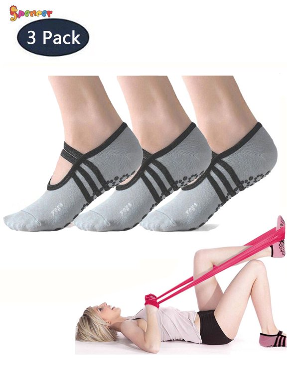 Pack of 3 Non-Slip Yoga Sock for Women, Anti-Skid Pilates Barre Socks with Grips & Straps for Ballet, Dance, Barefoot Workout, Fitness