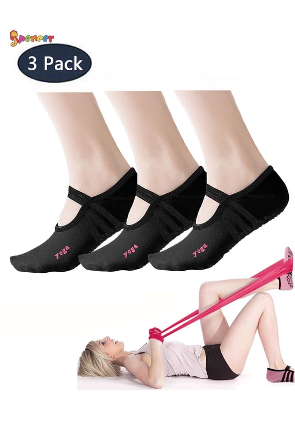 Pack of 3 Non-Slip Yoga Sock for Women, Anti-Skid Pilates Barre Socks with Grips & Straps for Ballet, Dance, Barefoot Workout, Fitness