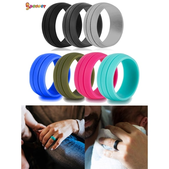 Spencer Pack of 7 Silicone Wedding Ring for Women Men, Comfortable and Durable Rubber Wedding Bands for Athletes Crossfit Workout "Size 10"
