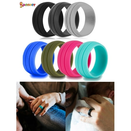 Spencer Pack of 7 Silicone Wedding Ring for Women Men, Comfortable and Durable Rubber Wedding Bands for Athletes Crossfit Workout "Size 8"