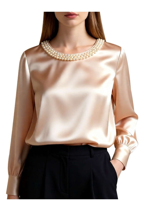 Pearls Beaded Satin Blouses for Women Silk Crewneck Long Sleeve Shirts Business Work Casual Solid Tops