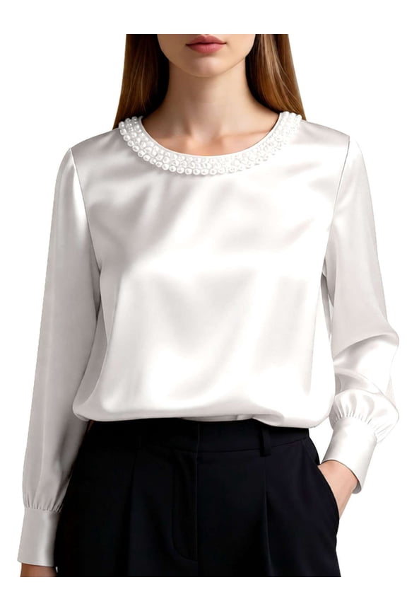 Pearls Beaded Satin Blouses for Women Silk Crewneck Long Sleeve Shirts Business Work Casual Solid Tops
