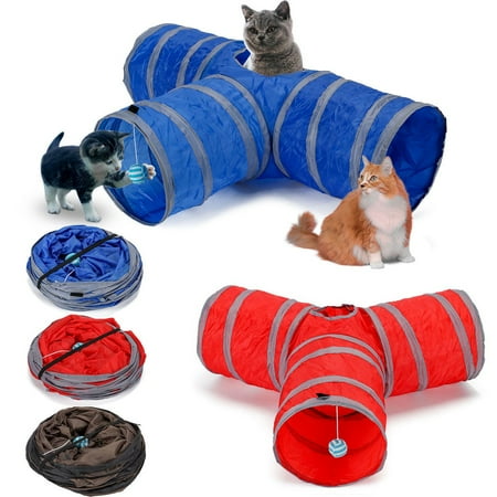 Spencer Pet Cat Tunnel, 3-Way Tunnels Extensible Collapsible Tube Pet Play Tent Interactive Toy with 1 Play Ball for Rabbits, Kittens and Dogs (Brown)