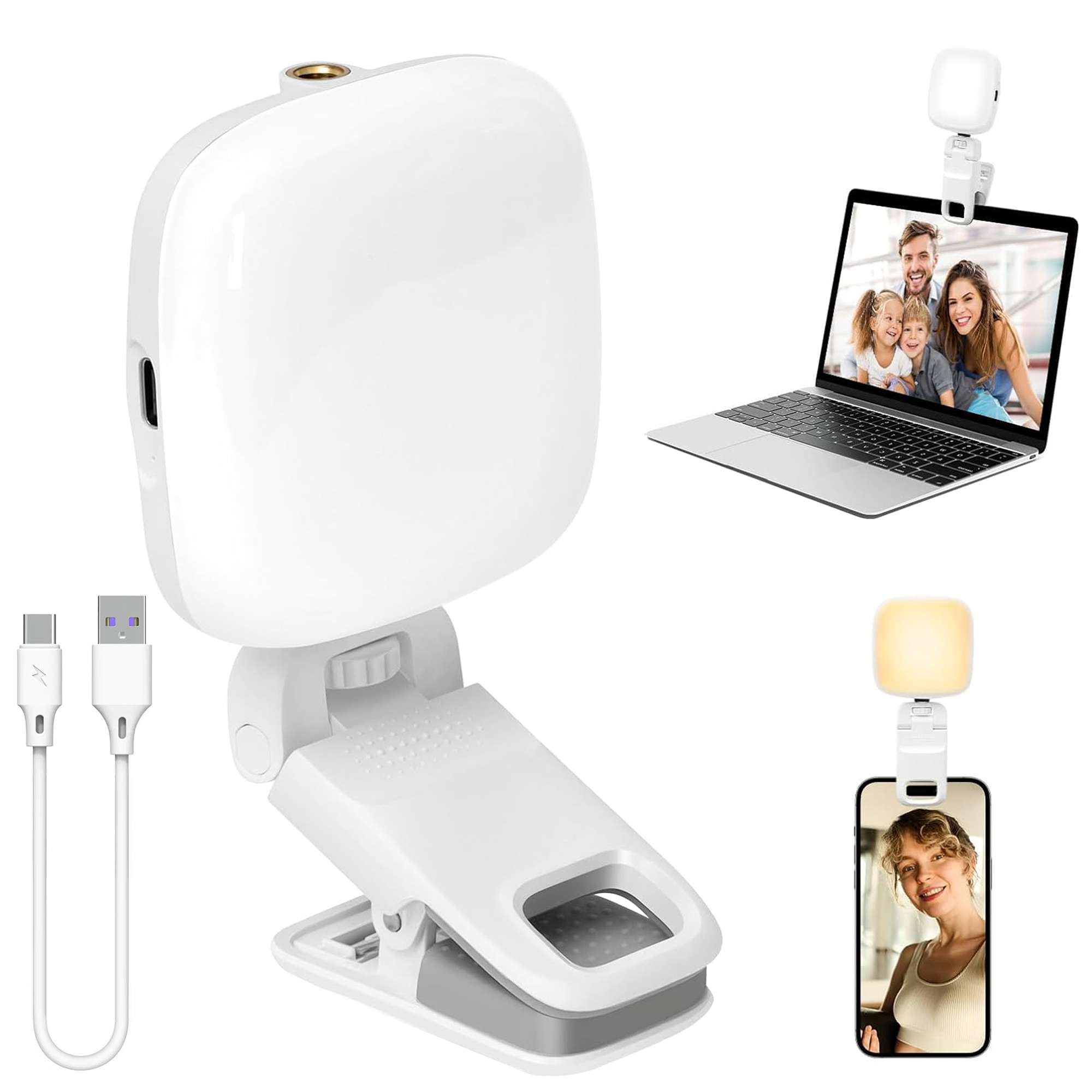 Compact White LED Clip-On Selfie Light with Type-C Charging