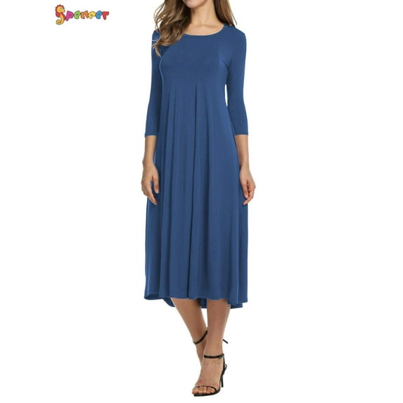 Spencer Plus Size Women's Casual Basic Comfy 3/4 Sleeve Round Neck Loose Fit A-line and Flare Midi Long Maxi Dress Tunic Swing Skater Dress