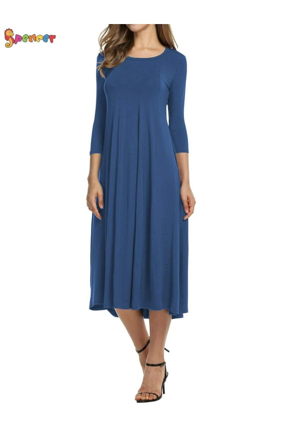 Plus Size Women's Casual Basic Comfy 3/4 Sleeve Round Neck Loose Fit A-line and Flare Midi Long Maxi Dress Tunic Swing Skater Dress