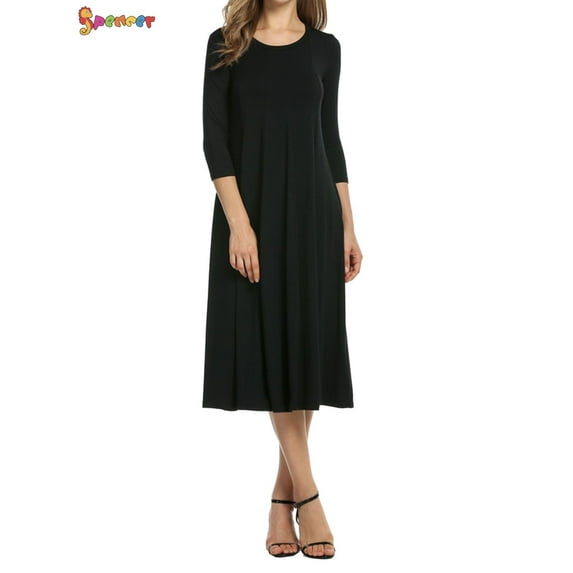 Spencer Plus Size Women's Casual Basic Comfy 3/4 Sleeve Round Neck Loose Fit A-line and Flare Midi Long Maxi Dress Tunic Swing Skater Dress