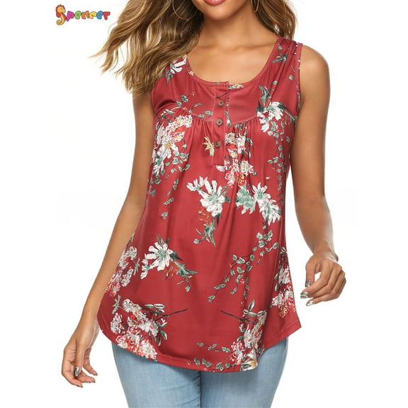 Spencer Plus Size Women's Floral Print Flowy Tank Tops Summer Sleeveless Casual Loose U Neck Pleated Tunic Shirts (XL, Blue)