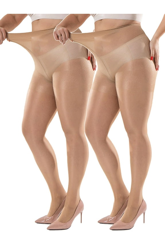 Plus Size Women's Ultra Sheer Tights Control Top Pantyhose with Reinforced Toes, 2 Pack