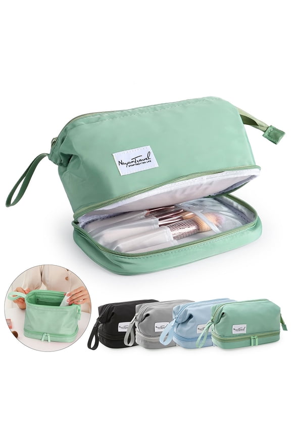 Portable Makeup Bag Waterproof Cosmetic Pouch Organizer Double Layer Toiletry Bag Travel for Women Men (Green)